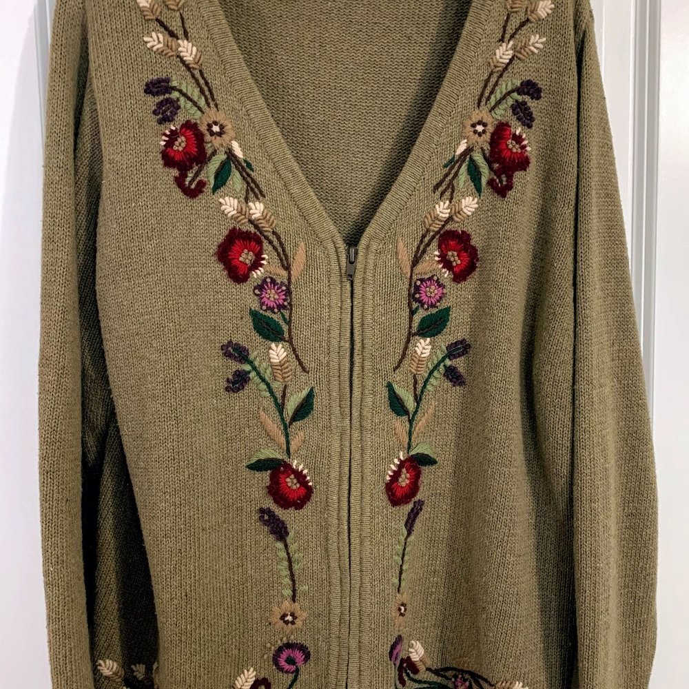 Green knit, flower embroidered zip up cardigan